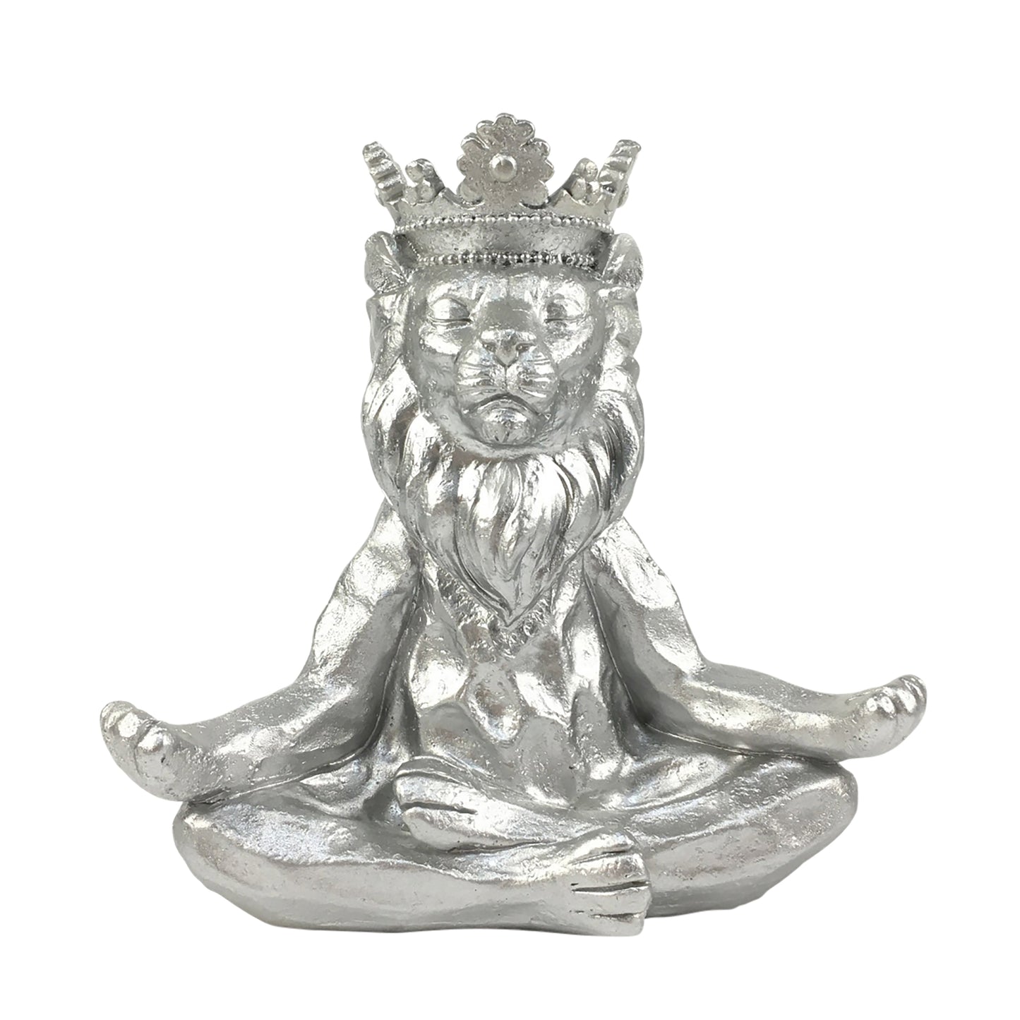 RESIN 7" YOGA LION W/ CROWN, SILVER