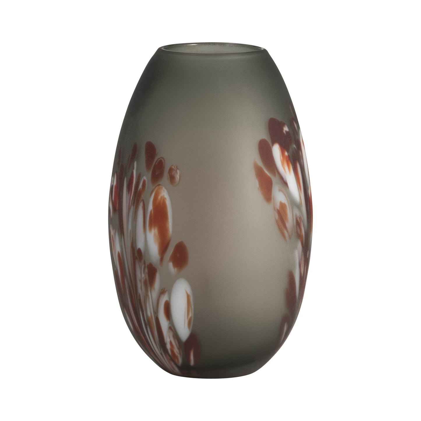 GLASS, 12''H, FROSTED VASE WITH RED DETAIL-GRAY