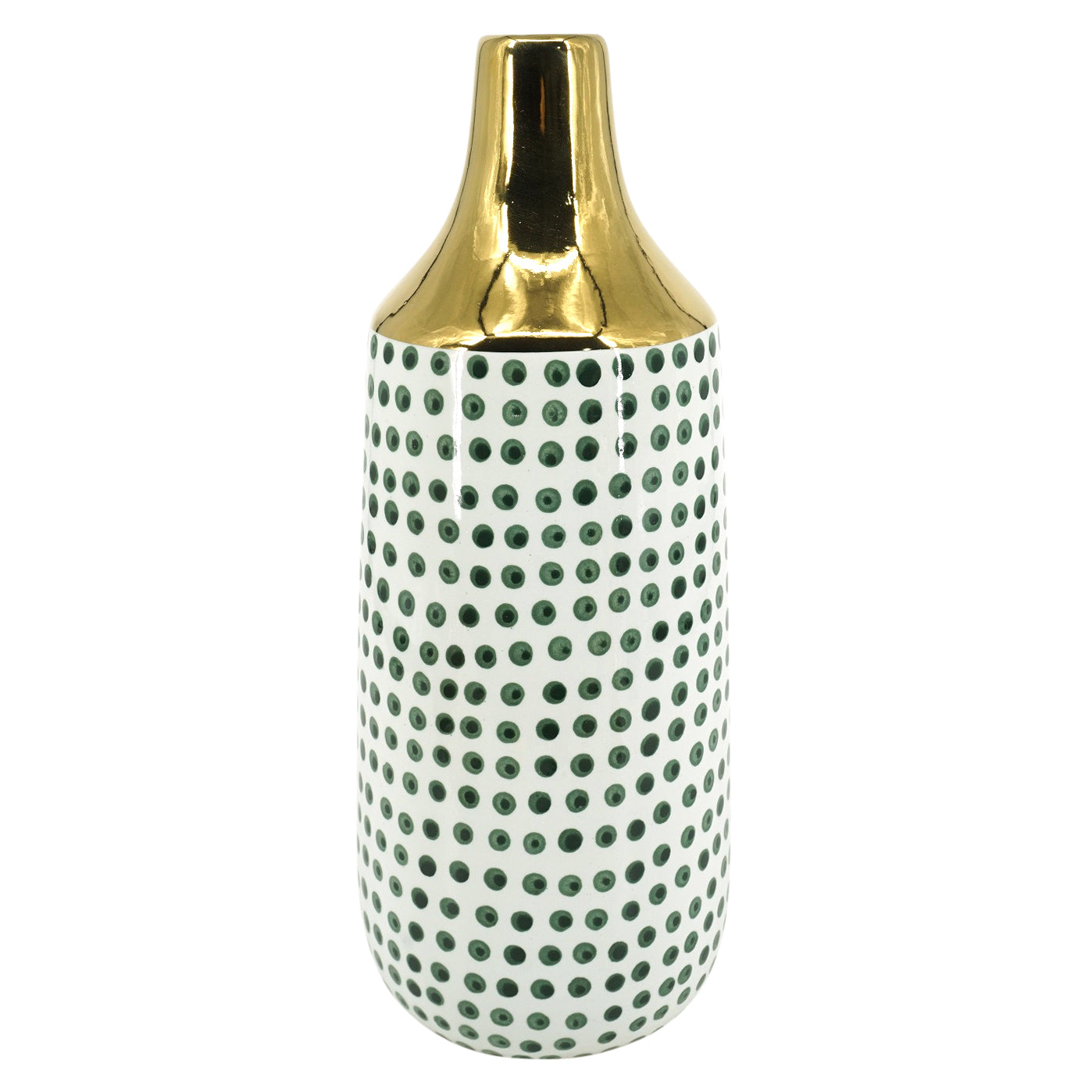 CER, 12"H POLKA DOTS VASE, FOREST GREEN/GOLD/WHT