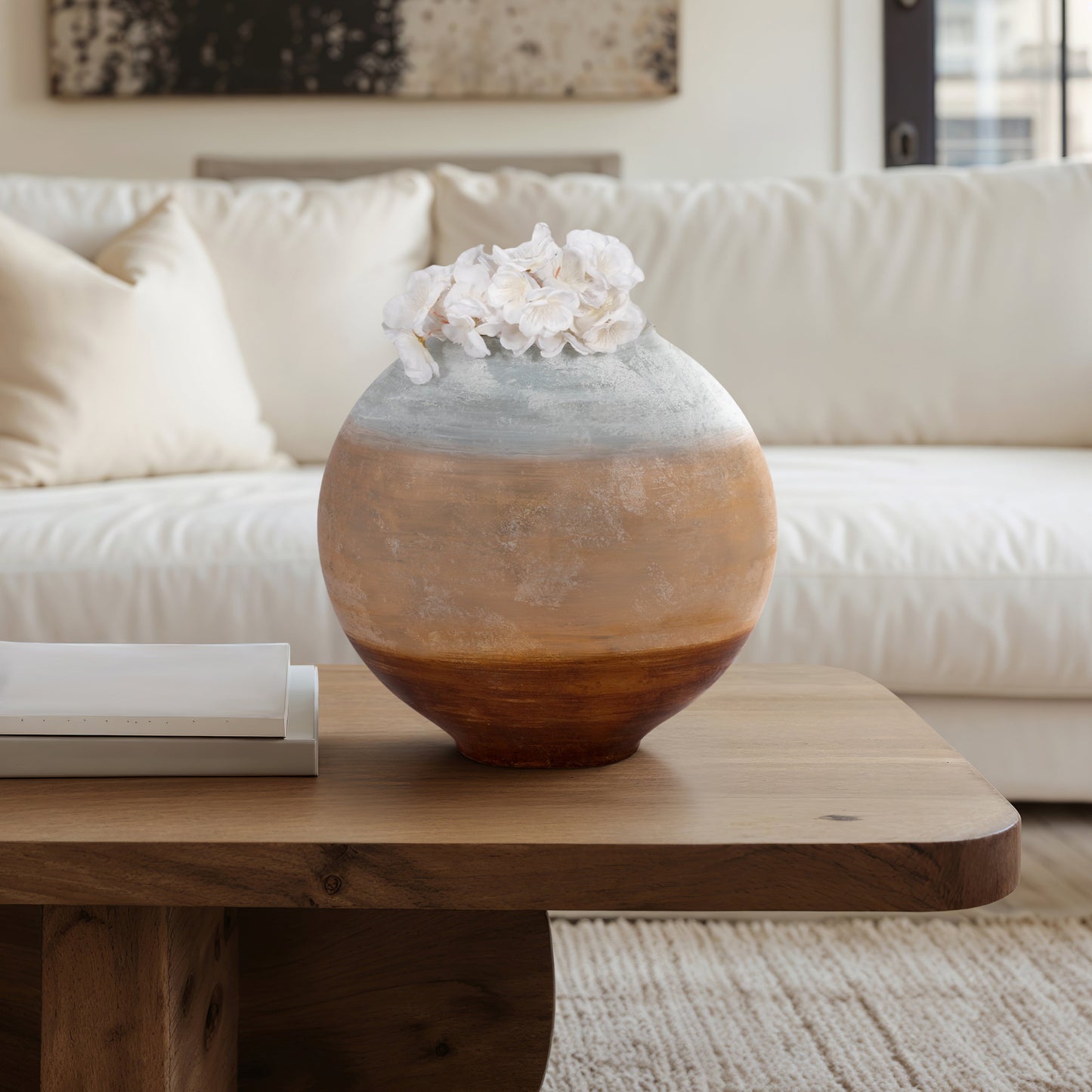 13" Gold Ombre Round Vase, White/gold