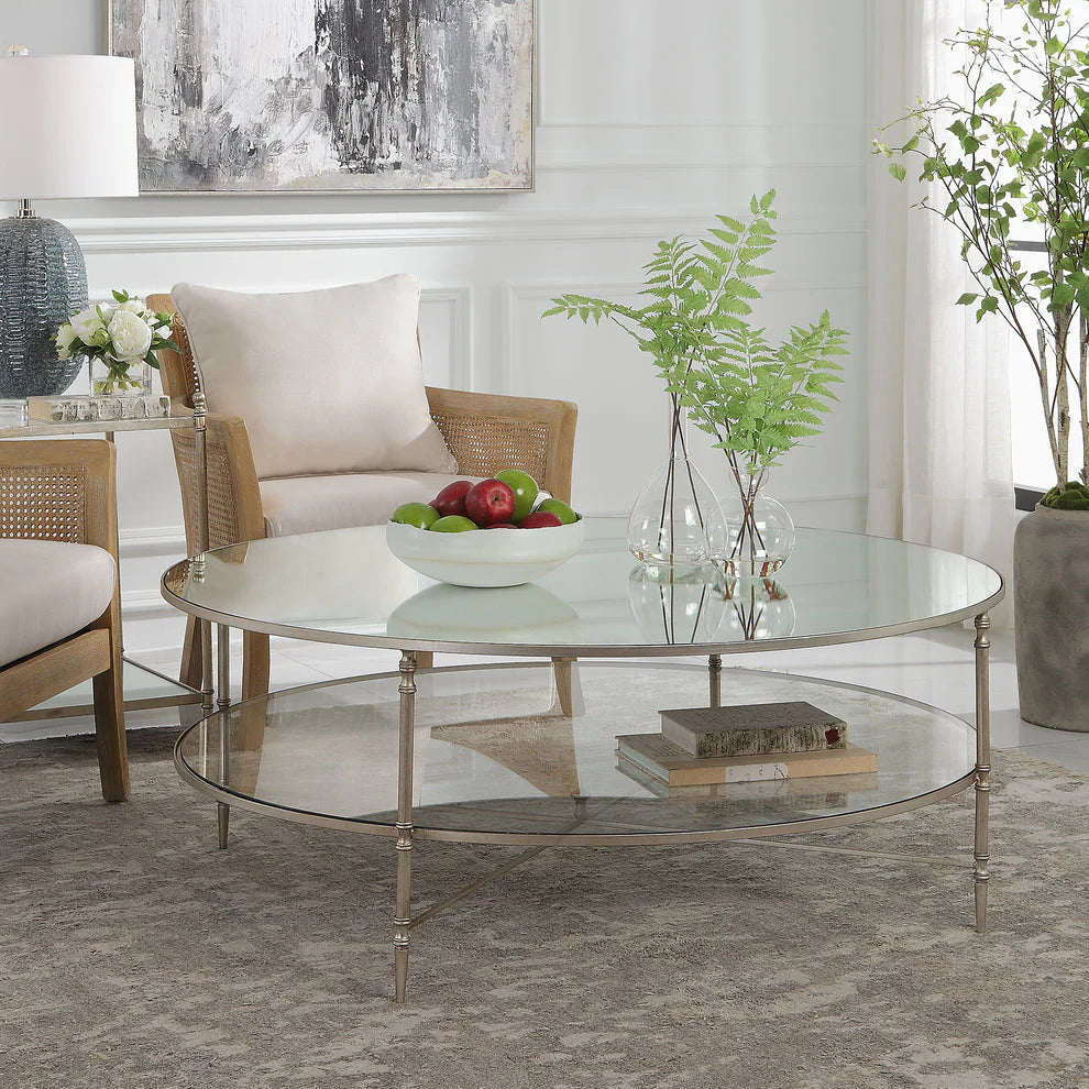 Henzler 126 W x 49 H x 126 D Black Round Coffee Table with Mirror Top-silver