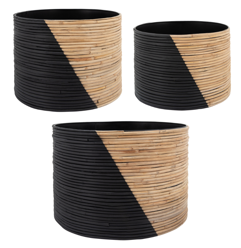 S/3 2-TONE WICKER PLANTERS, BLACK