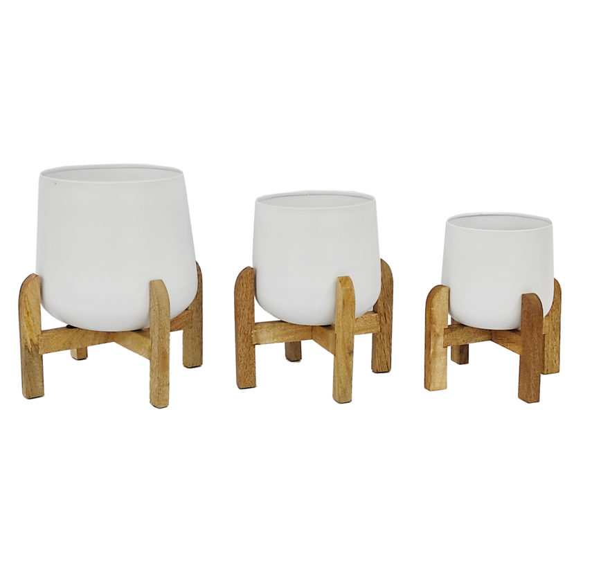 وعاء معدني S/3 مقاس 9/10/12 بوصة مع حامل خشبي، أبيض