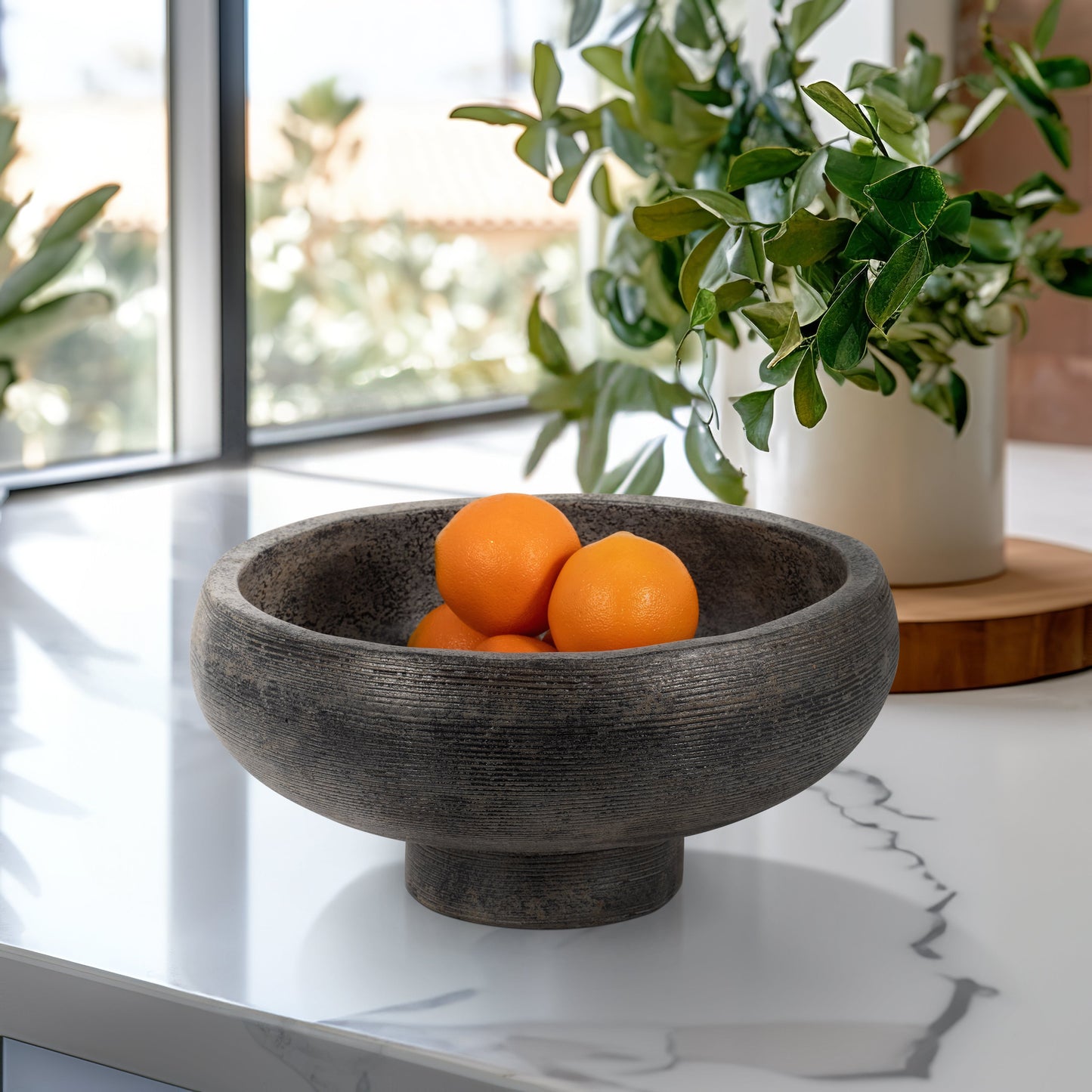 Terracotta, 14" Etched Bowl On Stand, Multi