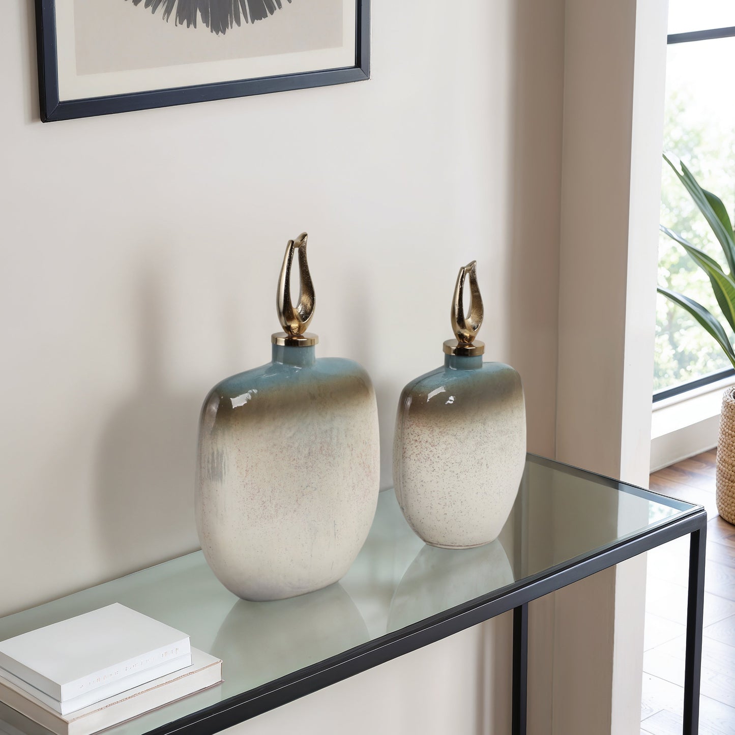 S/2 15/18" Ashford Glass Bottles With Metal Topper