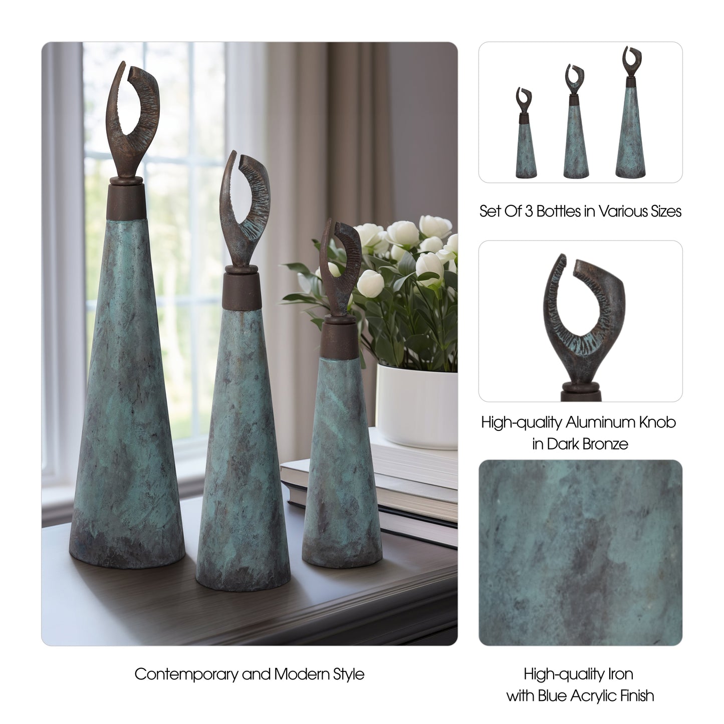 S/3 16/20/23" Bente Patina Bottles