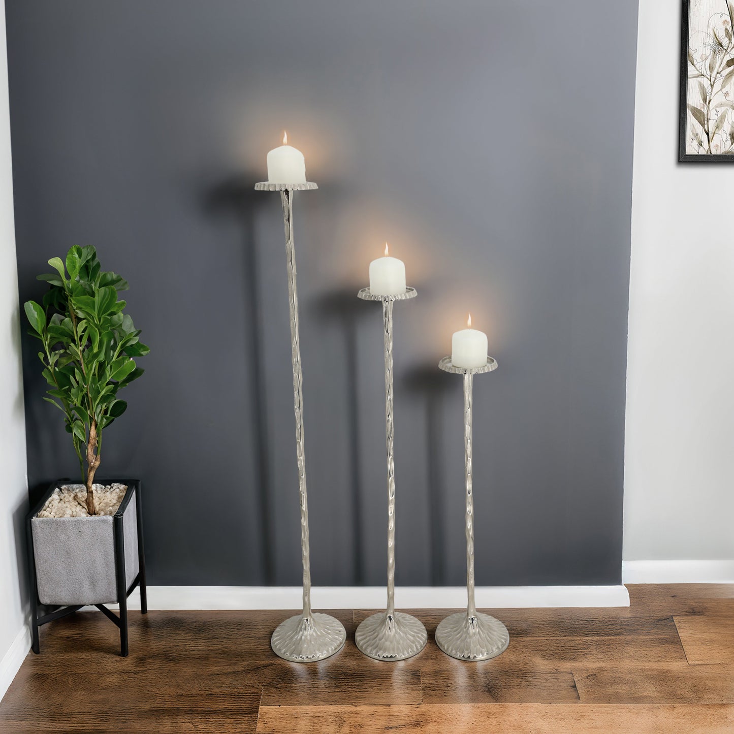 S/3 26/32/40" Crestin Silver Tall Candleholders Kd