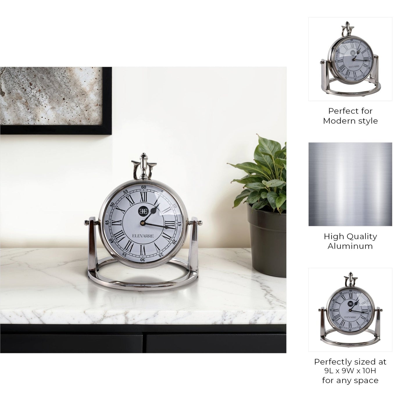 10" Veridian Silver Aluminum Desk Clock
