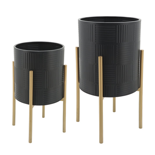 12629-15  S/2 RIDGED PLANTERS IN METAL STAND, BLACK( Sagebrook Home  )