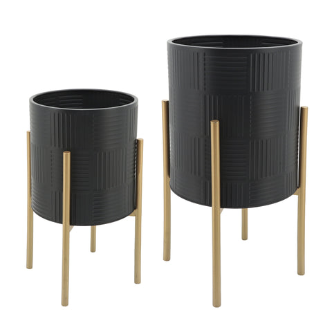 12629-15  S/2 RIDGED PLANTERS IN METAL STAND, BLACK( Sagebrook Home  )