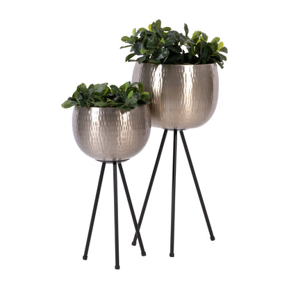14270-01  S/2 HONEYCOMB PLANTER ON METAL STAND, olive /gold( Sagebrook Home  )