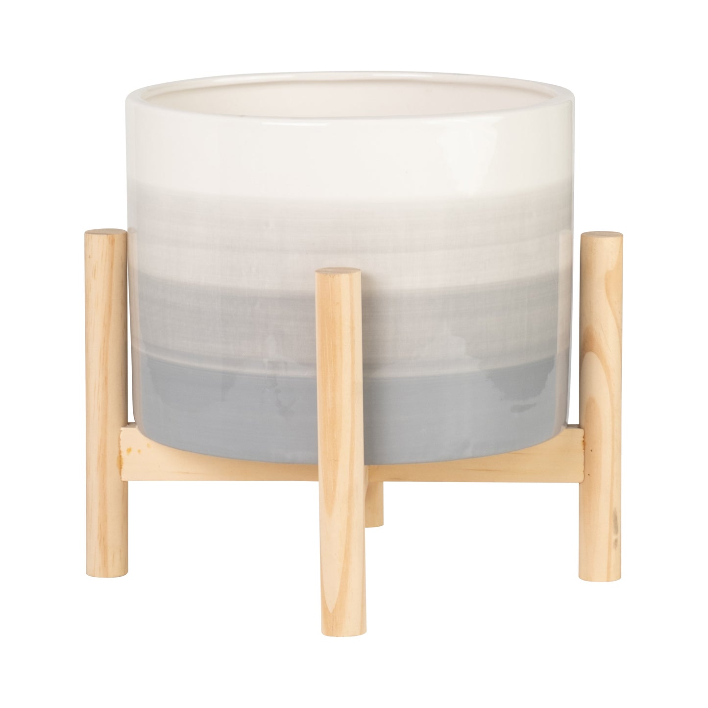 15069-02  6" CERAMIC FLUTED PLANTER W/ WOOD STAND, BLACK( Sagebrook Home  )