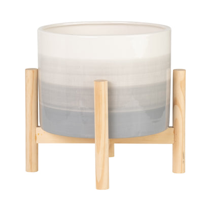 15069-02  6" CERAMIC FLUTED PLANTER W/ WOOD STAND, BLACK( Sagebrook Home  )