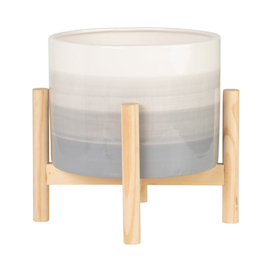 15069-02  6" CERAMIC FLUTED PLANTER W/ WOOD STAND, BLACK( Sagebrook Home  )