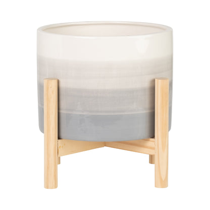 15069-02  6" CERAMIC FLUTED PLANTER W/ WOOD STAND, BLACK( Sagebrook Home  )