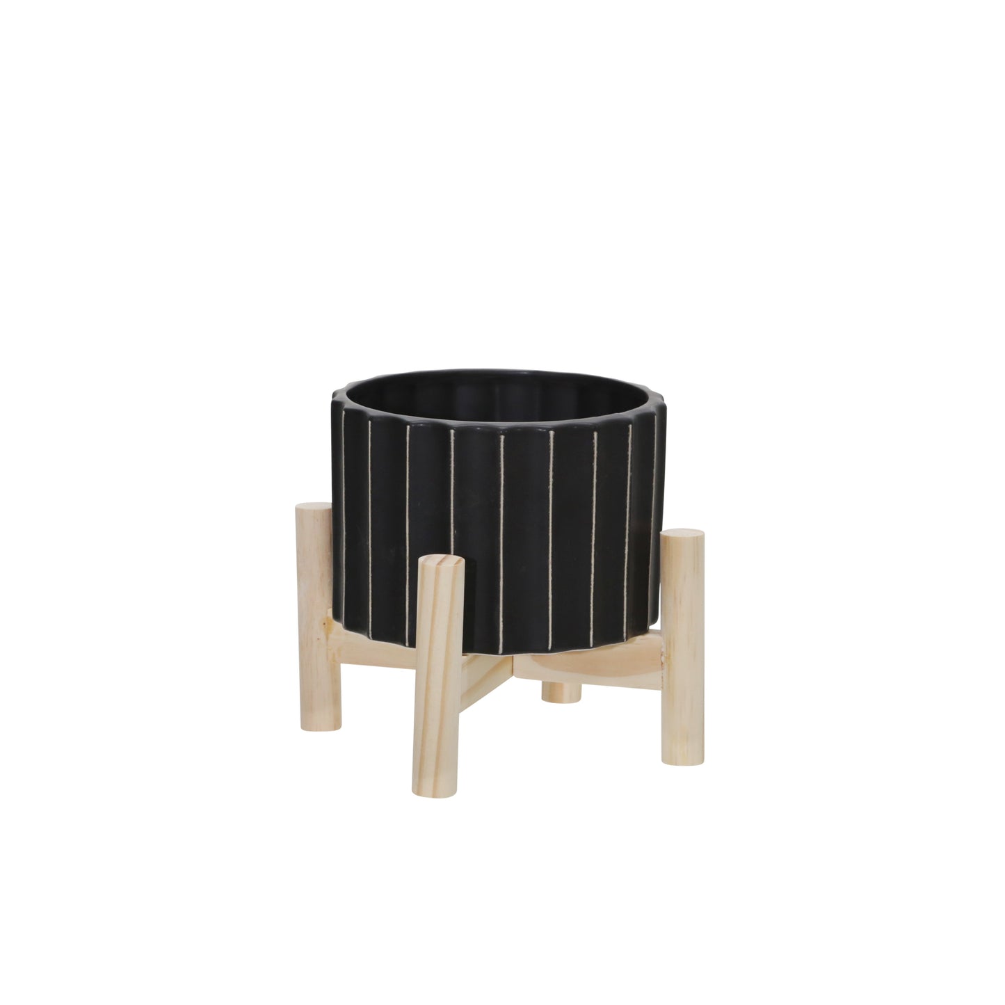 15074-03  12" CERAMIC FLUTED PLANTER W/ WOOD STAND, BLACK( Sagebrook Home  )