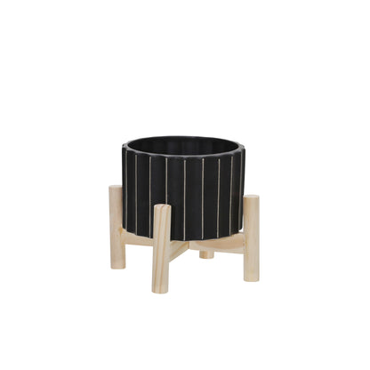 15074-03  12" CERAMIC FLUTED PLANTER W/ WOOD STAND, BLACK( Sagebrook Home  )