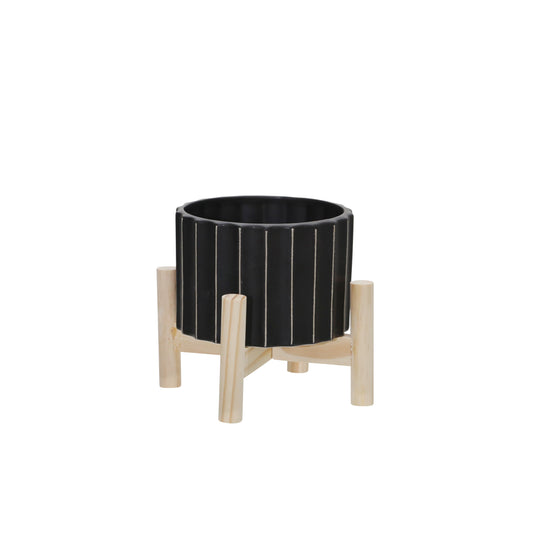 15074-03  12" CERAMIC FLUTED PLANTER W/ WOOD STAND, BLACK( Sagebrook Home  )