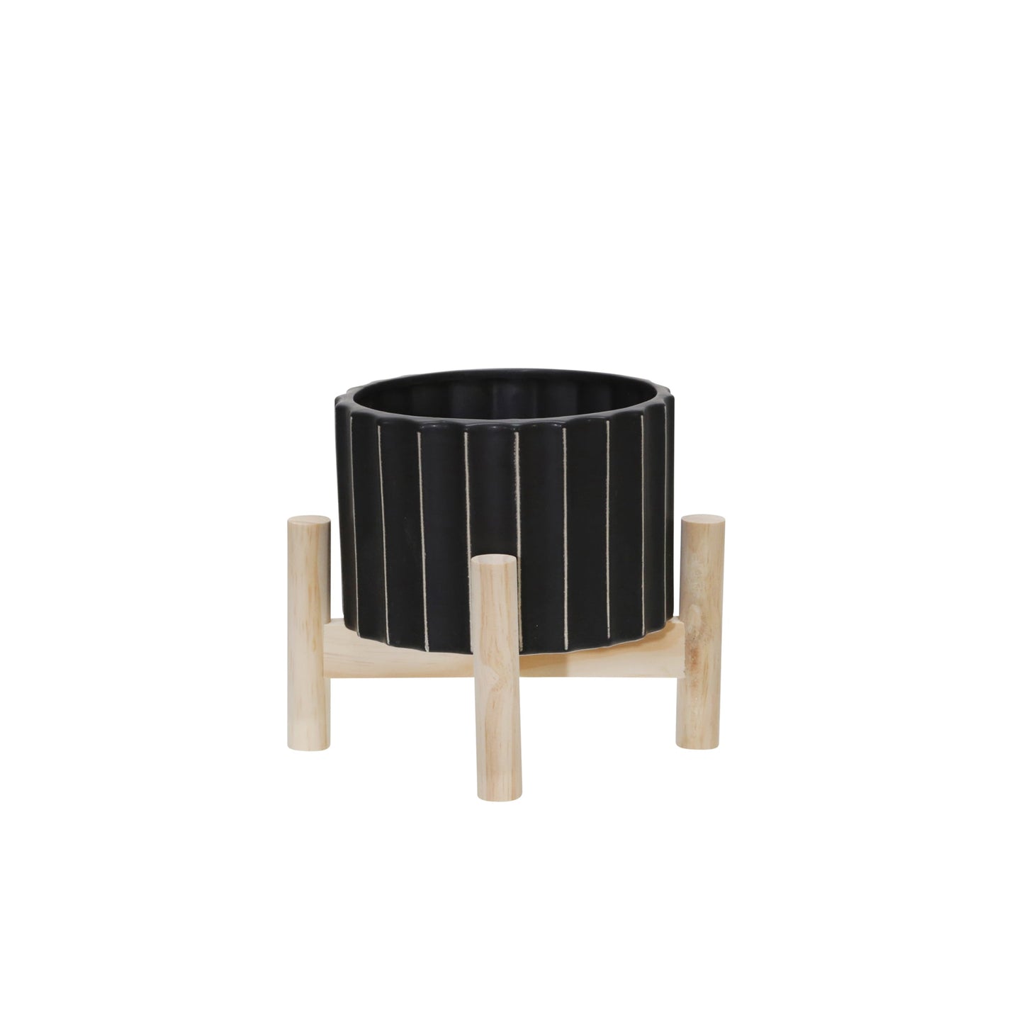 15074-03  12" CERAMIC FLUTED PLANTER W/ WOOD STAND, BLACK( Sagebrook Home  )