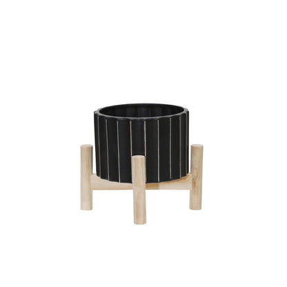 15074-03  12" CERAMIC FLUTED PLANTER W/ WOOD STAND, BLACK( Sagebrook Home  )