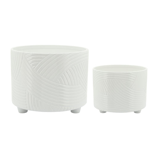 S/2 SWIRL FOOTED PLANTERS 10/12" , WHITE