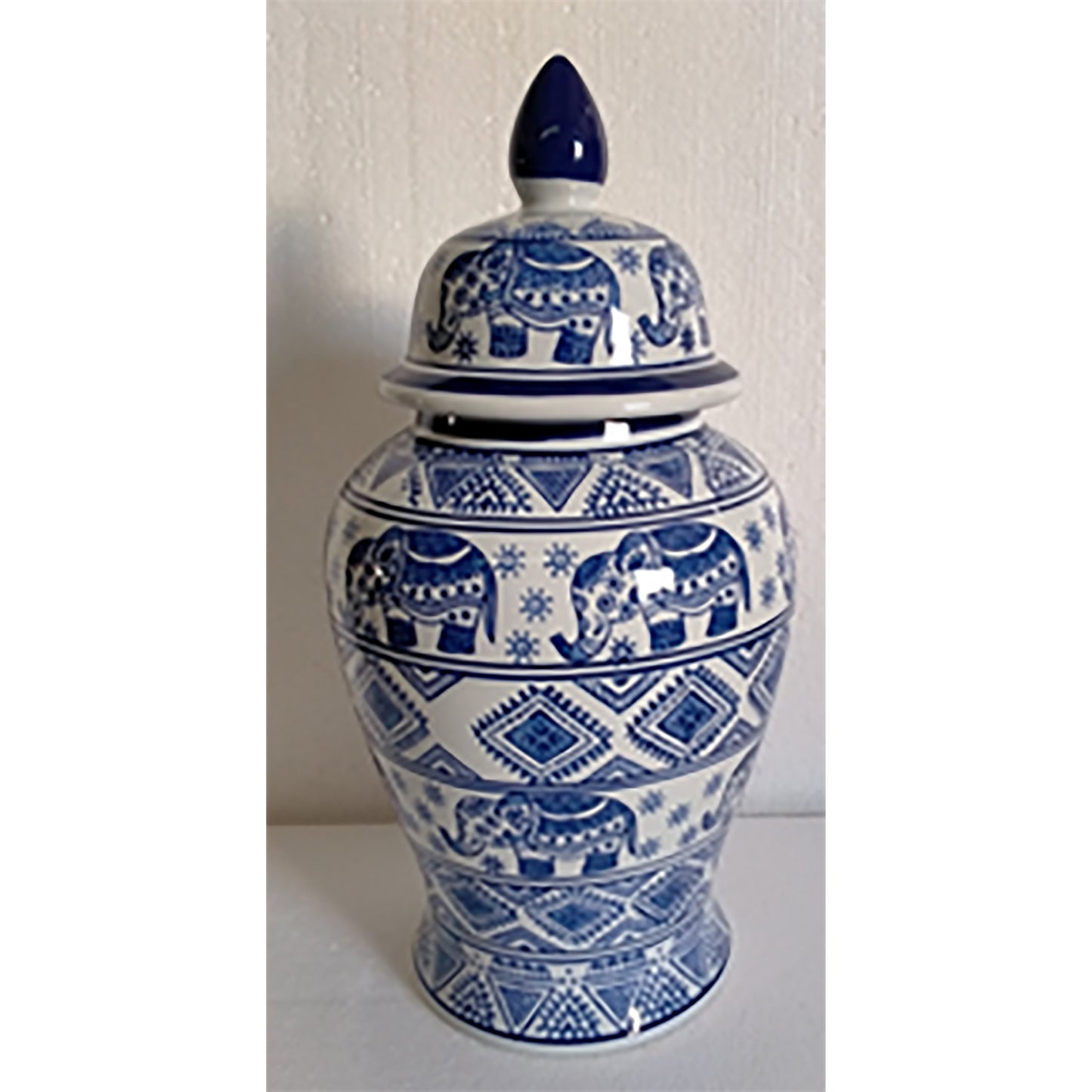 CER, 18"H ELEPHANT TEMPLE JAR, WHT/BLU