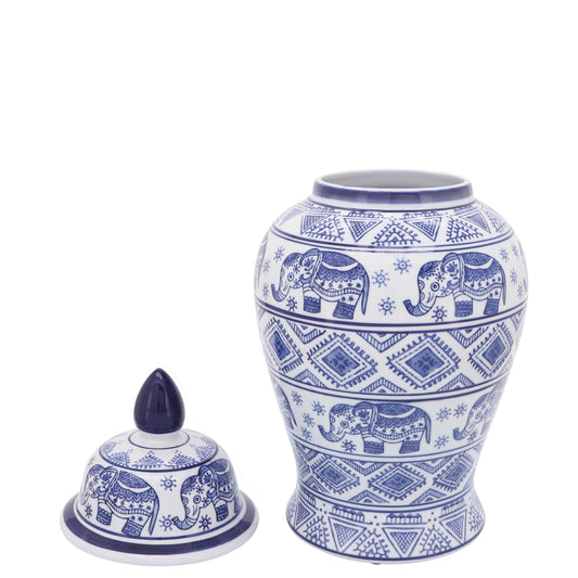 CER, 18"H ELEPHANT TEMPLE JAR, WHT/BLU
