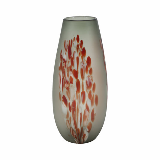 GLASS, 17''H, FROSTED VASE WITH RED DETAIL-GRAY