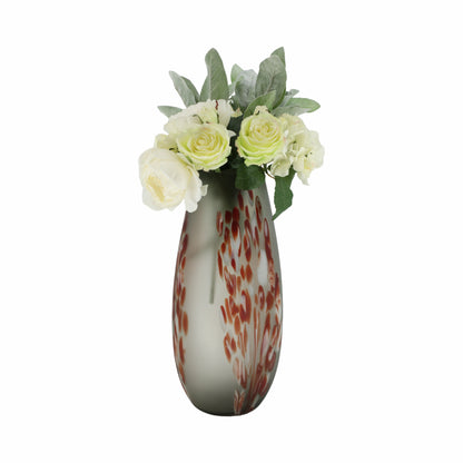 GLASS, 17''H, FROSTED VASE WITH RED DETAIL-GRAY