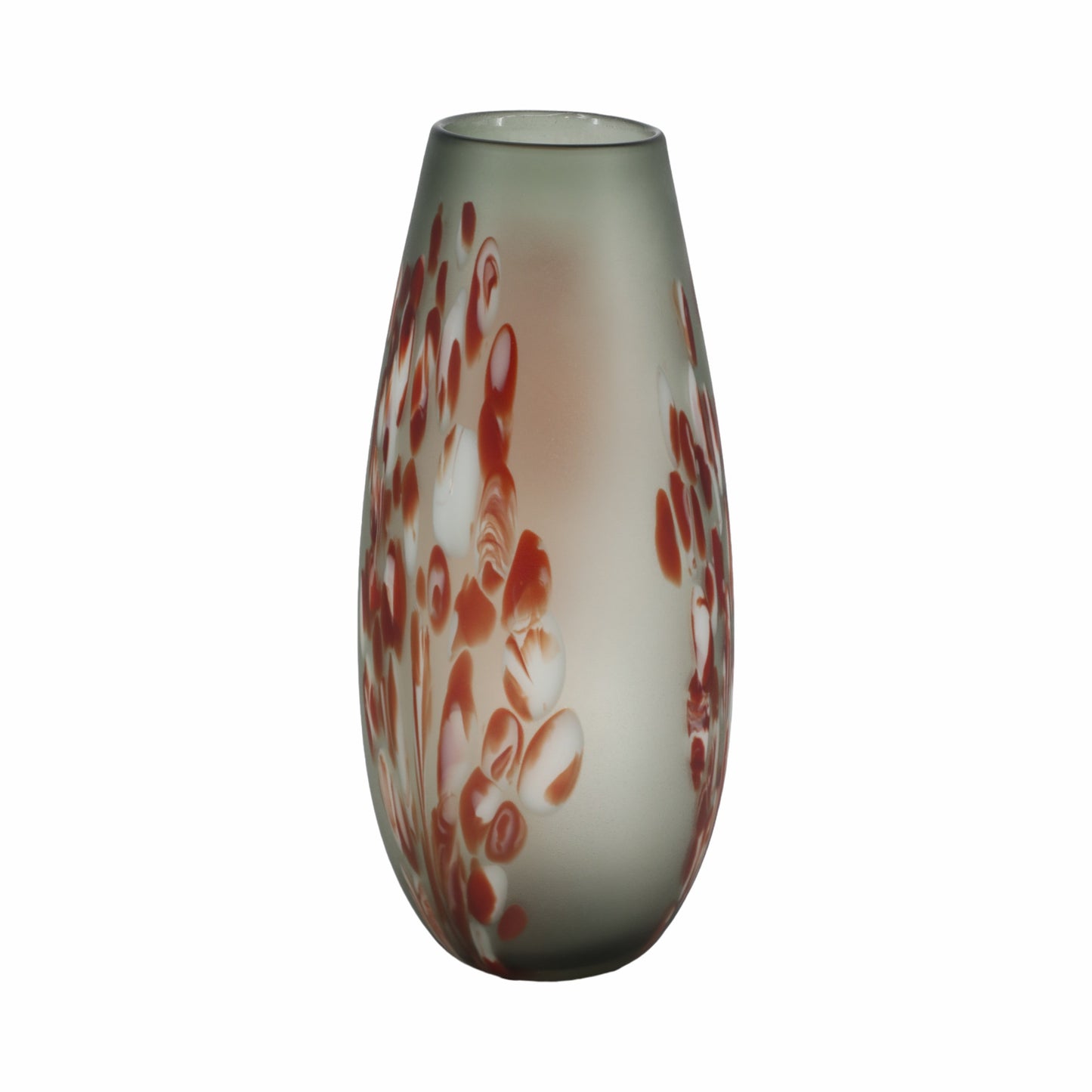 GLASS, 17''H, FROSTED VASE WITH RED DETAIL-GRAY