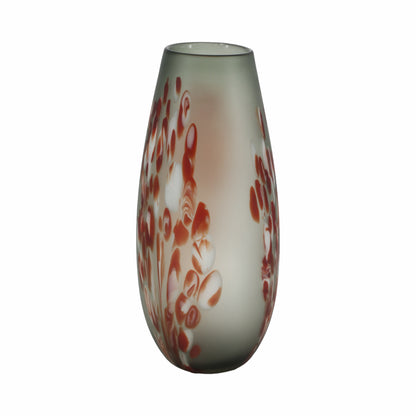 GLASS, 17''H, FROSTED VASE WITH RED DETAIL-GRAY