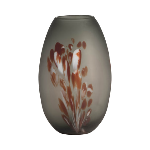 GLASS, 12''H, FROSTED VASE WITH RED DETAIL-GRAY
