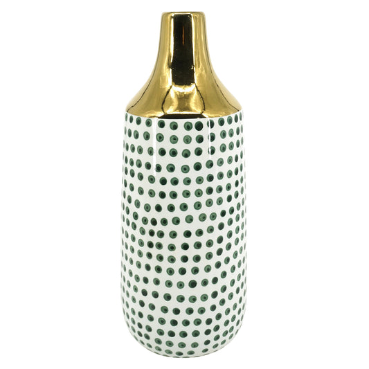 CER, 12"H POLKA DOTS VASE, FOREST GREEN/GOLD/WHT