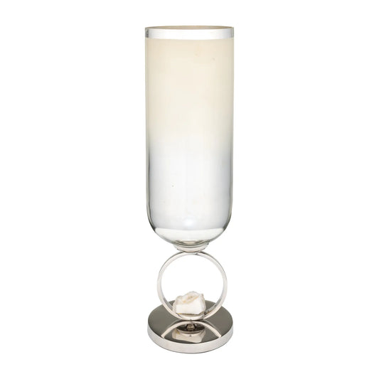 GLASS, 17" VASE W/ METAL BASE STONE ACCENT, PEARL