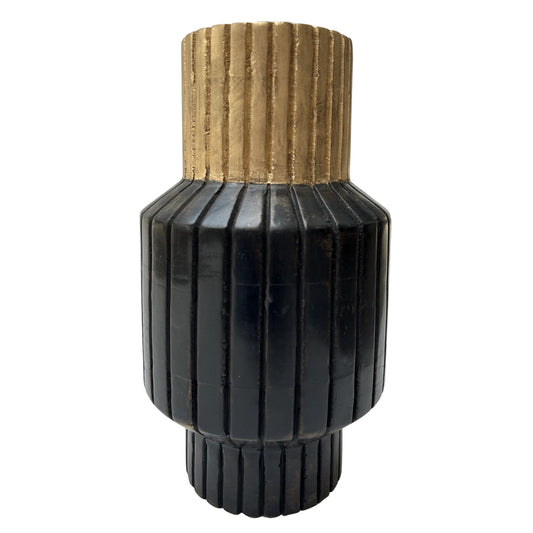 WOOD, 14" CARVED TOTEM VASE W GOLD TOP, BLACK/GOLD