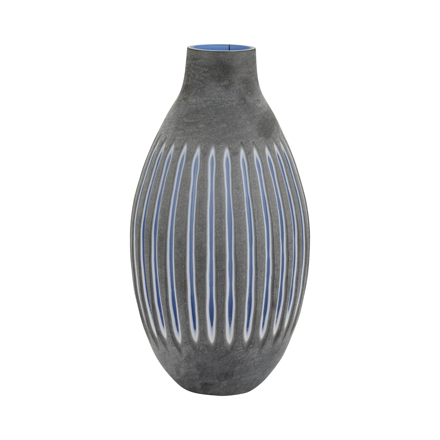GLASS, 17" RIDGED VASE, BLUE/GRAY