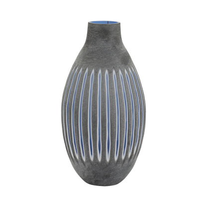 GLASS, 17" RIDGED VASE, BLUE/GRAY