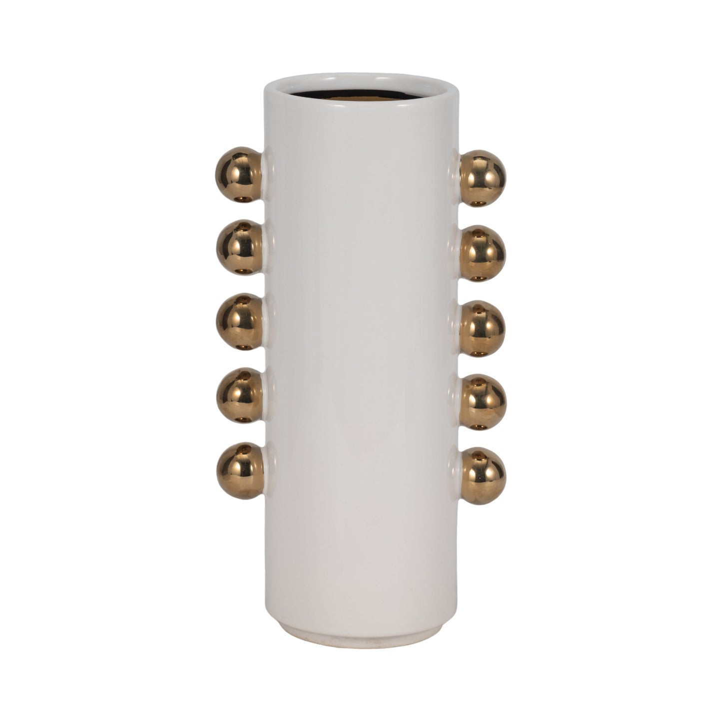 Cer, 13" Vase W/ Side Knobs, White/gold