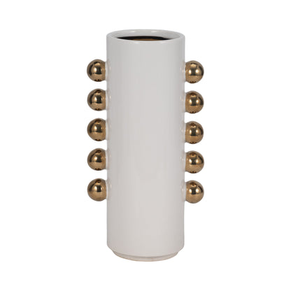 Cer, 13" Vase W/ Side Knobs, White/gold