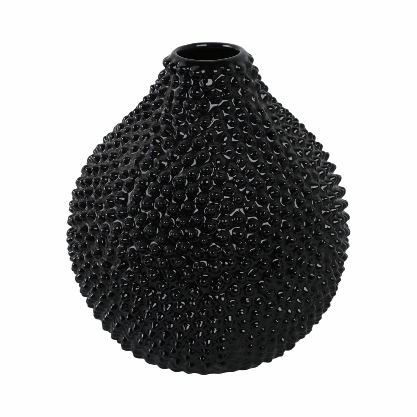 EC, GLOSS BLACK SPIKED CERAMIC VASE 8"
