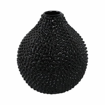 EC, GLOSS BLACK SPIKED CERAMIC VASE 8"