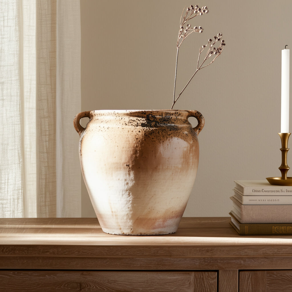 12x7" Textured Terracotta 2-handle Vase,ivry/brwn