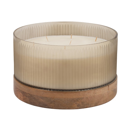 12" 183 Oz Glass Candle W/ Wood Base, Ivory