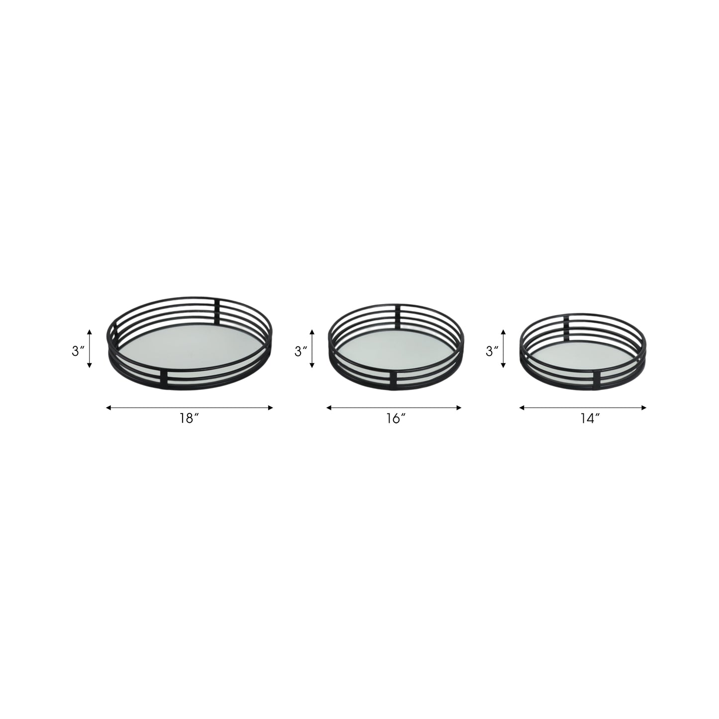 METAL, S/3 14/16/18" ROUND MIRRORED TRAYS, BLACK