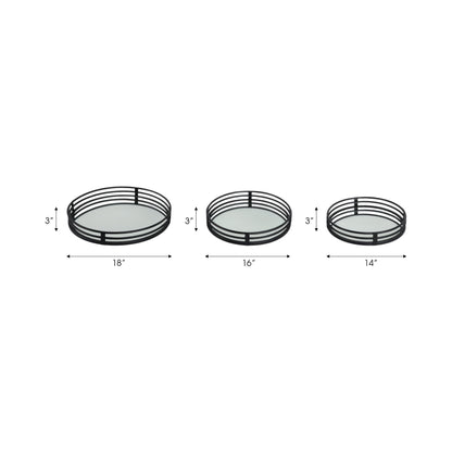 METAL, S/3 14/16/18" ROUND MIRRORED TRAYS, BLACK