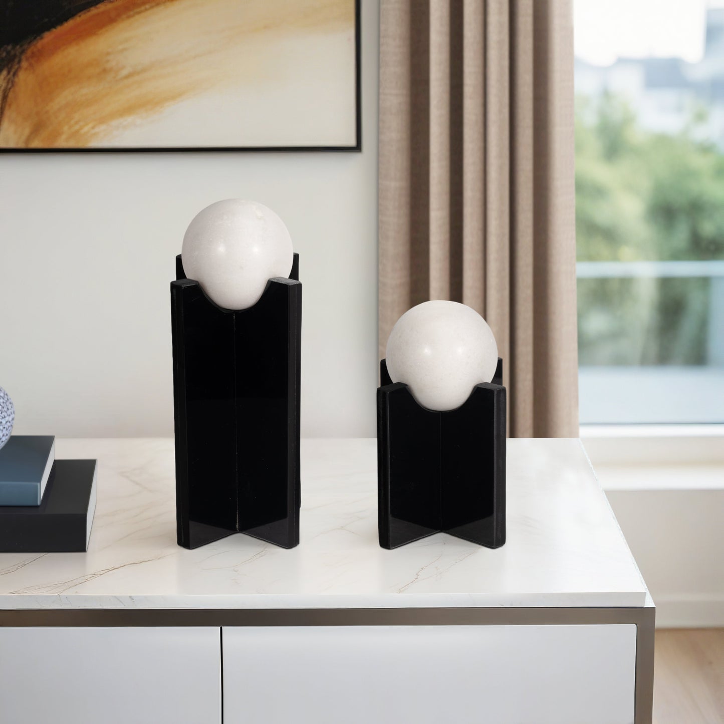 S/2 8/12" Elias Glass & Marble Sphere Statuary, Bl