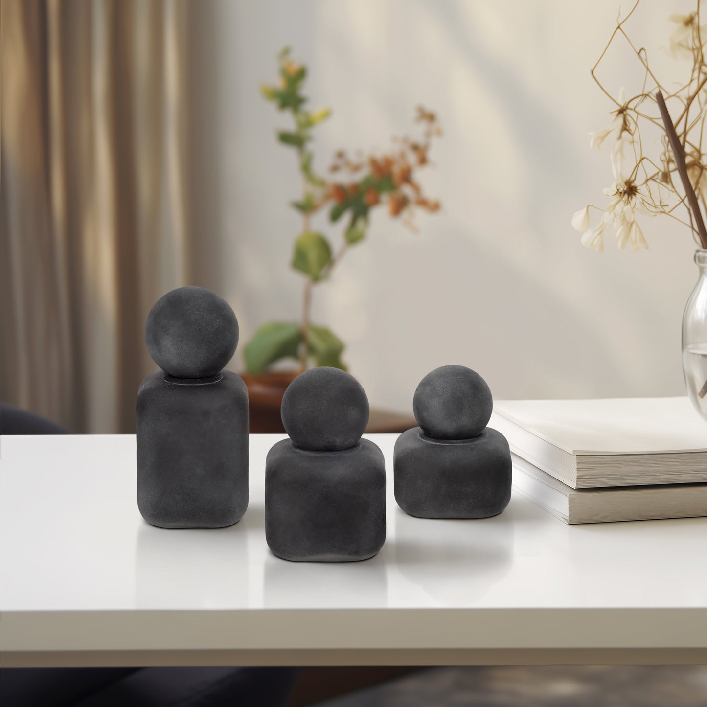 S/3 4/5/6" Mason Black Glass Lidded Bottles