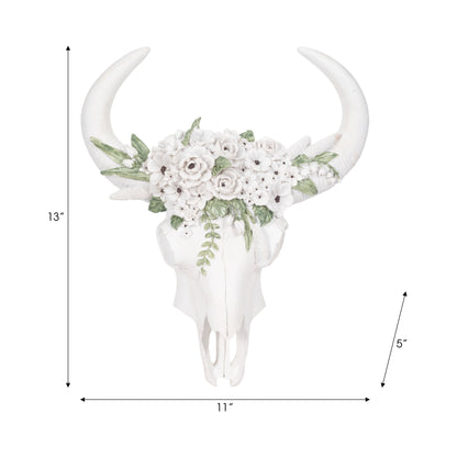 13" Bull Skull With White Flowers, White