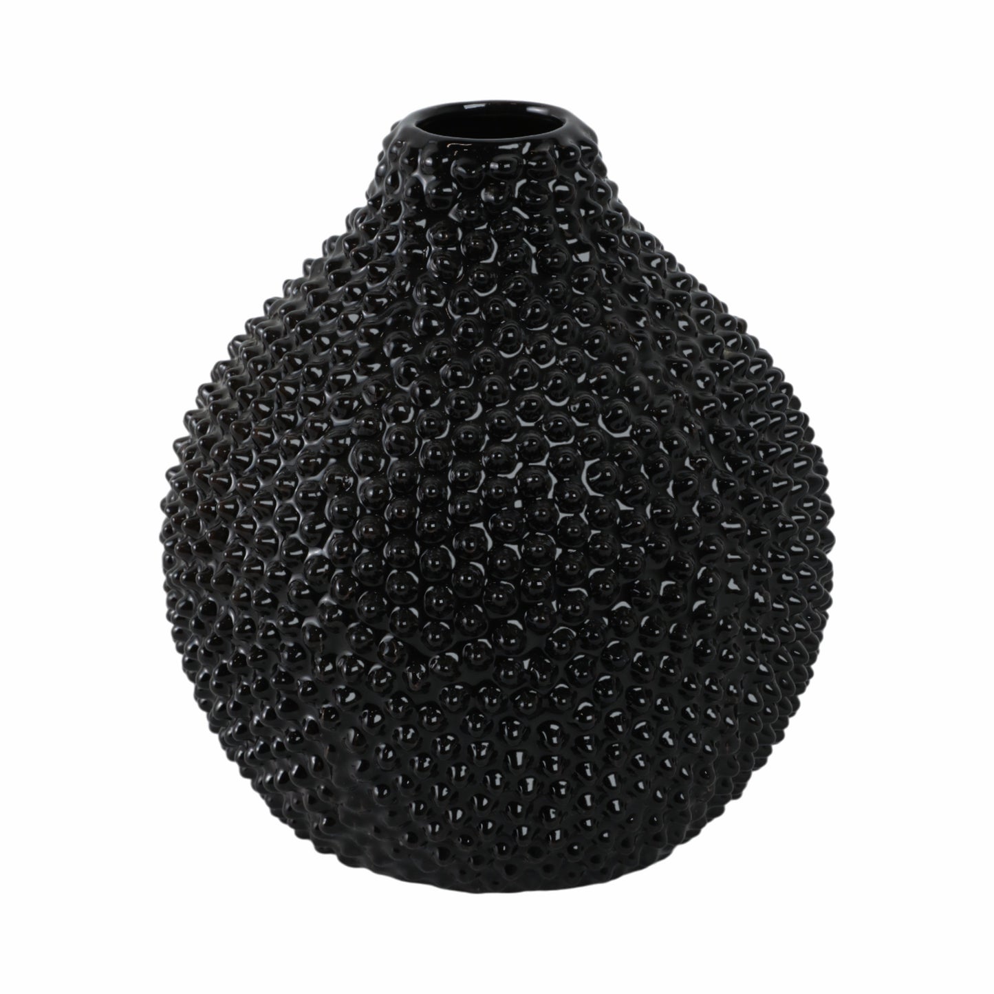 EC, GLOSS BLACK SPIKED CERAMIC VASE 8"