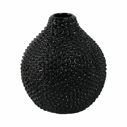 EC, GLOSS BLACK SPIKED CERAMIC VASE 8"